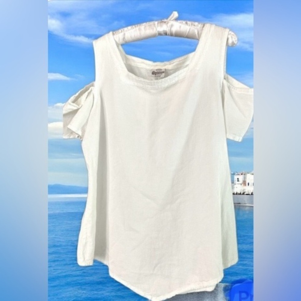 Cottonseed 100 % Cotton  textured woven top M Cold shoulder Coastal Beach Vacay
